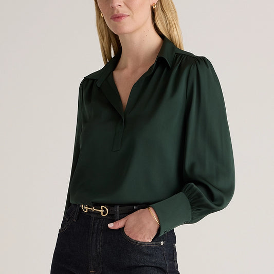 Short Sleeve Notch Collar Blouse in Washable Stretch Silk